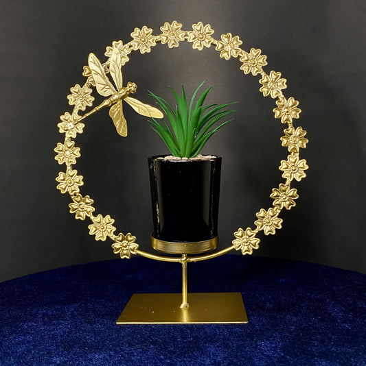 Elegant Golden Dragonfly Floral Ring with Potted Plant