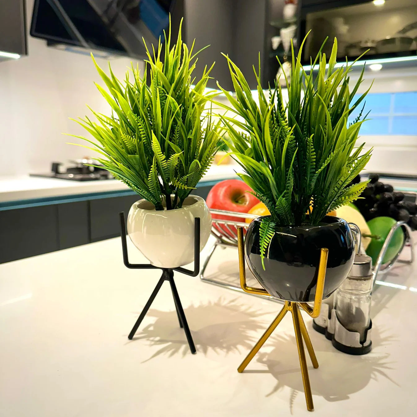 Modern Artificial Fern in Round Pot with Stylish Metal Stand