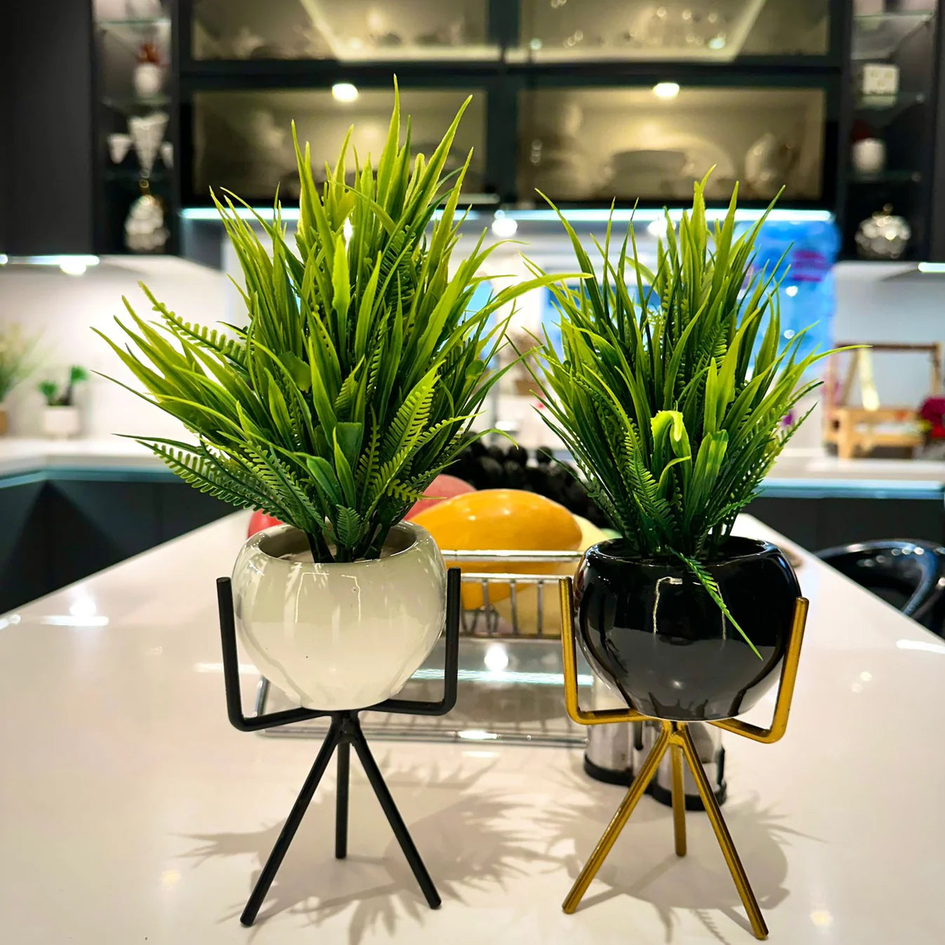 Modern Artificial Fern in Round Pot with Stylish Metal Stand