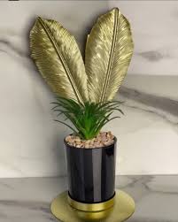 Elegant Golden Leaf Accent with Artificial Plant in Black Pot