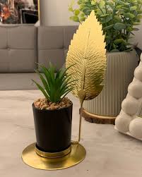 Elegant Golden Leaf Accent with Artificial Plant in Black Pot